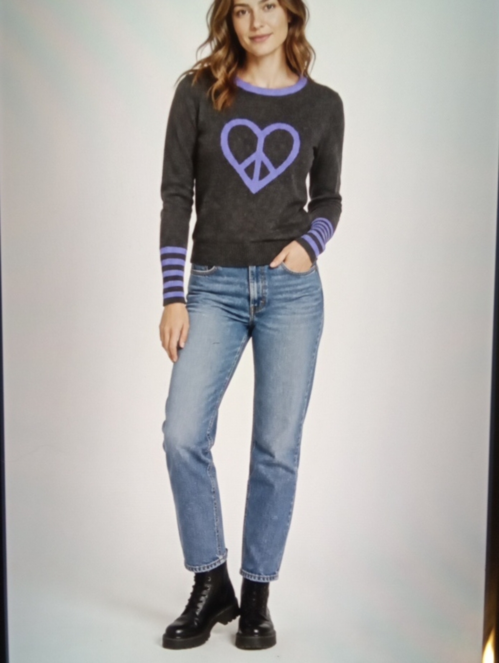 Quo-ta-tion Cashmere Peace Heart Sweater Gray Purple Cozy Statement Womens S